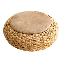 Modern Knitted Round Pouf Ottoman Stool W/PU Leather Seat Pad Floor Yoga Meditation Cushion Straw Rusitc Tatami Pouf Furniture