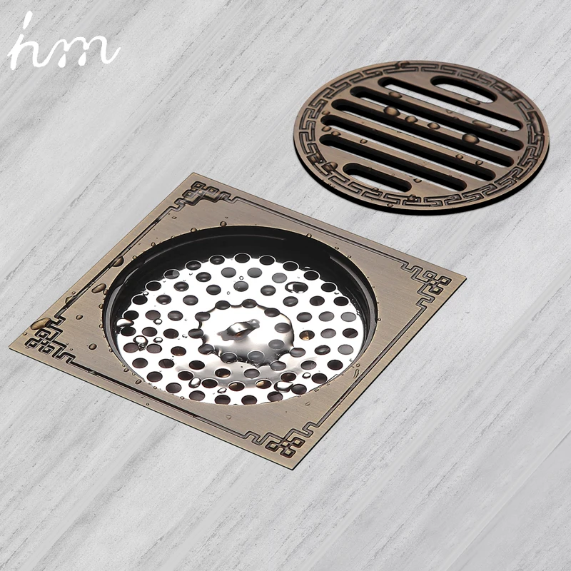 hm Waste Antique Floor Drain Brass Bathroom Accessory Euro Linear Shower Wire Strainer  Carved Cover Drains Drain Strainers