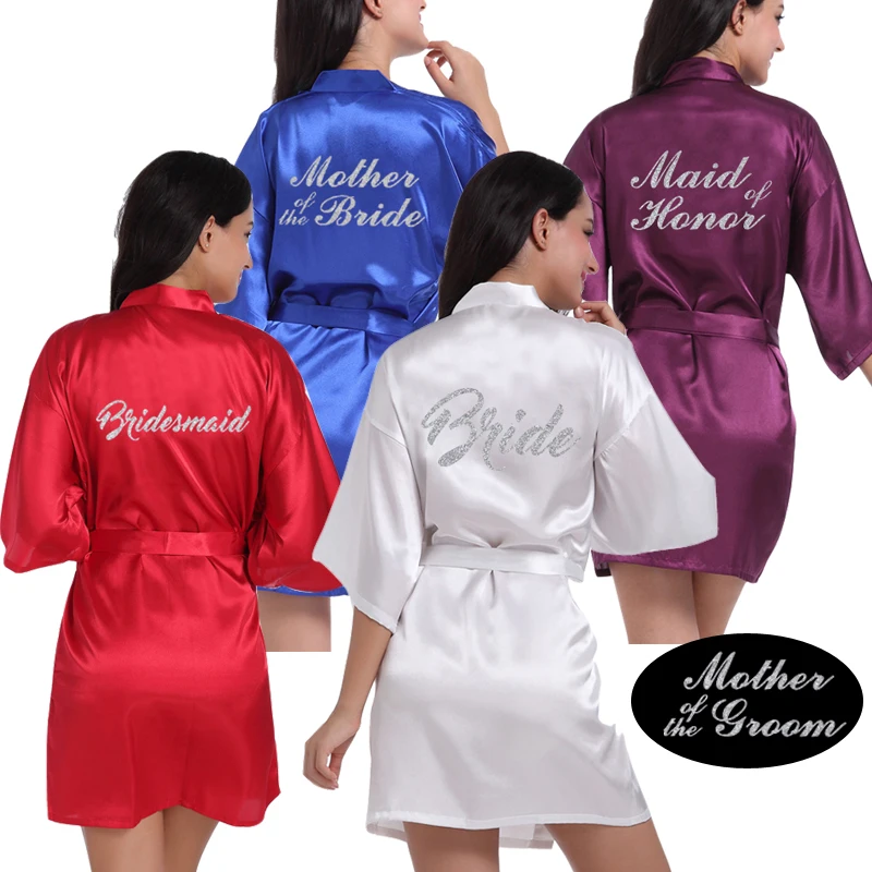 

RB70 Sexy Bridal Party Robe Letter Bridesmaid on the Robe Back Women Short Satin Wedding Kimono Sleepwear Get Ready Robes