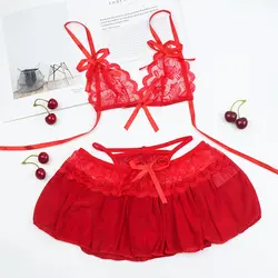 Conjunto de encaje de lencería Sexy, ropa interior de vestido caliente, sujetador erótico negro y rojo + Tanga, disfraces Sexy, novedad, uso especial, 1 Juego