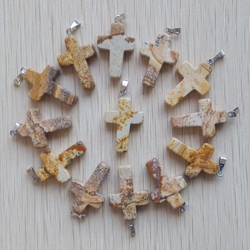 

fashion hotselling Natural picture stone charms cross pendants for jewelry making good quality wholesale 50pcs/lot free