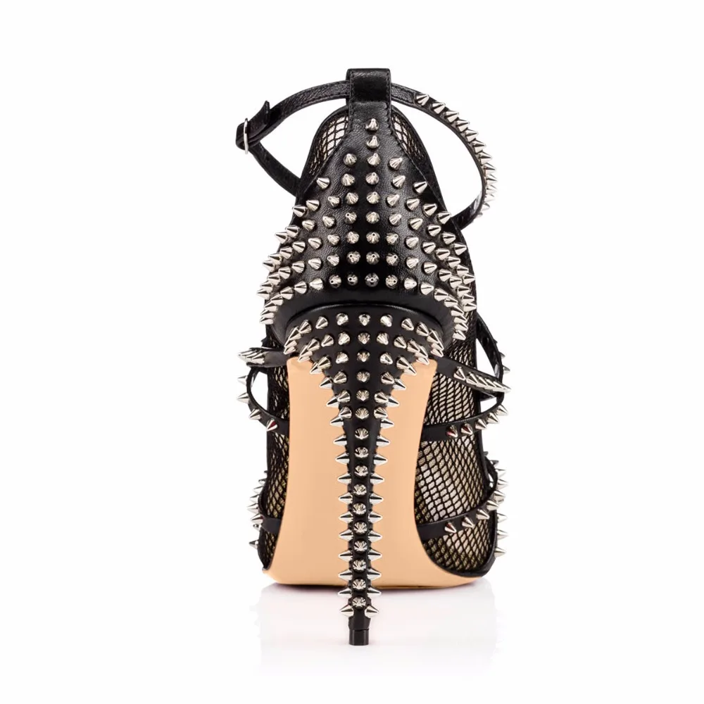 Sexy Black Fishnet High Heels with Spikes 2021 Peep Toe Studded Strappy Mesh Pumps Nude Ladies Stiletto Heel Shoes Large Size