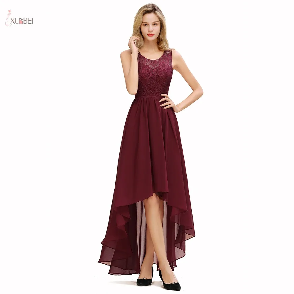 

Burgundy Chiffon Long Evening Dress 2019 High Low Formal Party Gown Scoop Neck Sleeveless Lace Flower robe de soiree