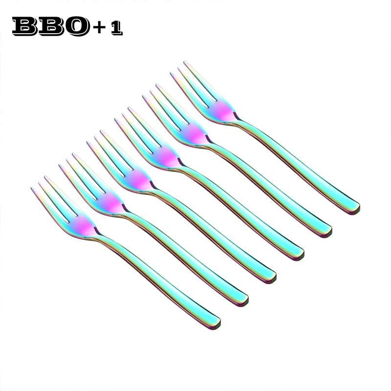 Stainless steel Dinnerware Rainbow Fork Dessert Cake Fruit Forks Three Tines Long Handle Tea Fork set Kitchen Cutlery  Xmas Gift