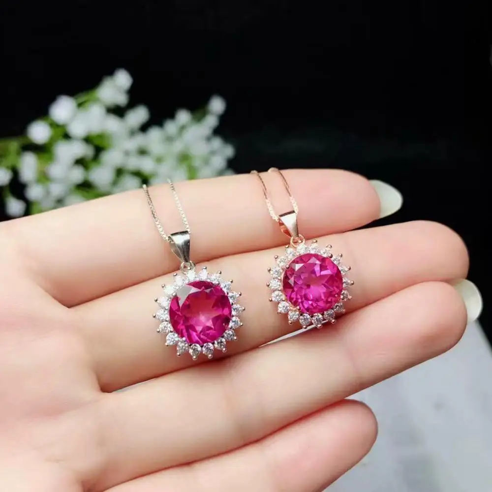 

fashion red topaz gemstone pendant for girl silver necklace birthday party anniversary date gift round sun shape natural gem