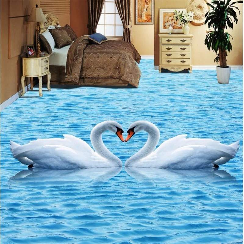 beibehang painting blue water ripples swan Waterproof Bathroom kitchen balcony PVC Wall paper floor mural 3D wallpaper sticker