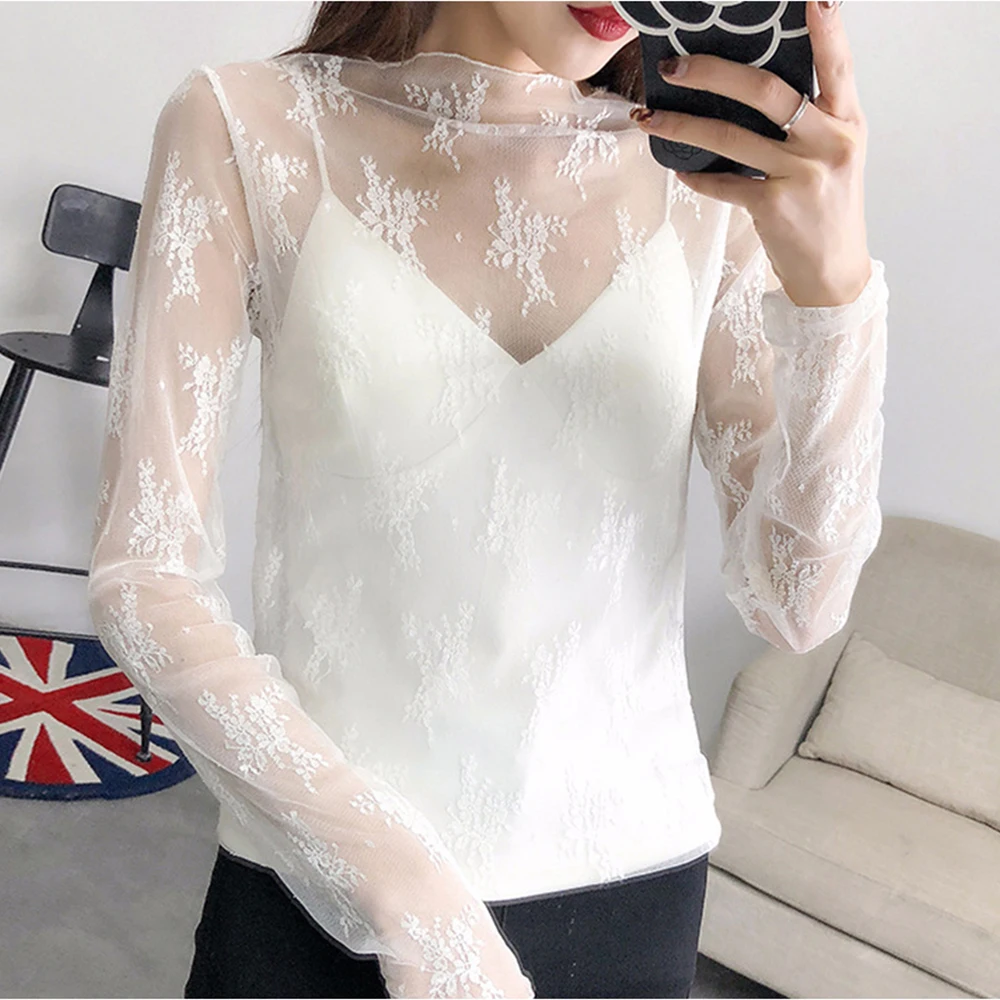 

Sexy Striped Dot Print Embroidery Mesh Blouse Turtleneck Long Sleeve Shirts Hollow Out Lace Tops Polyester Mesh Shrt Perspective