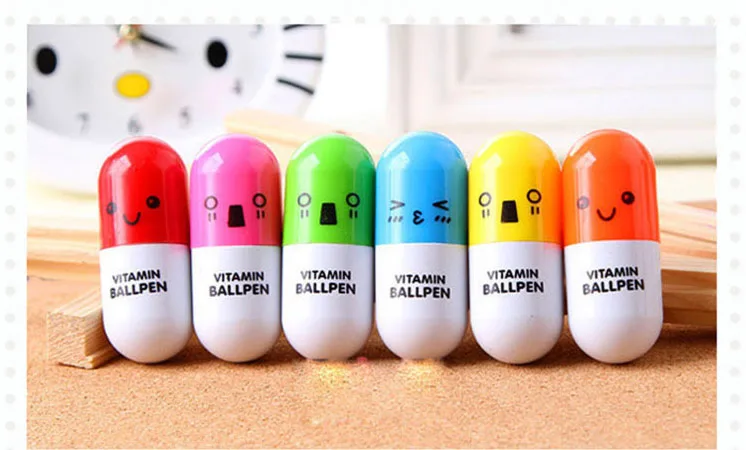 6 Pens/Set Telescopic Cute Smiling Face Ball Pen, , Vitamin Capsule-like,YZB00006KT