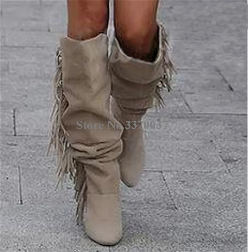 Winter New Fashion Women Round Toe Suede Leather Tassels Knee High Thin Heel Boots Charming Fringes Long High Heel Boots