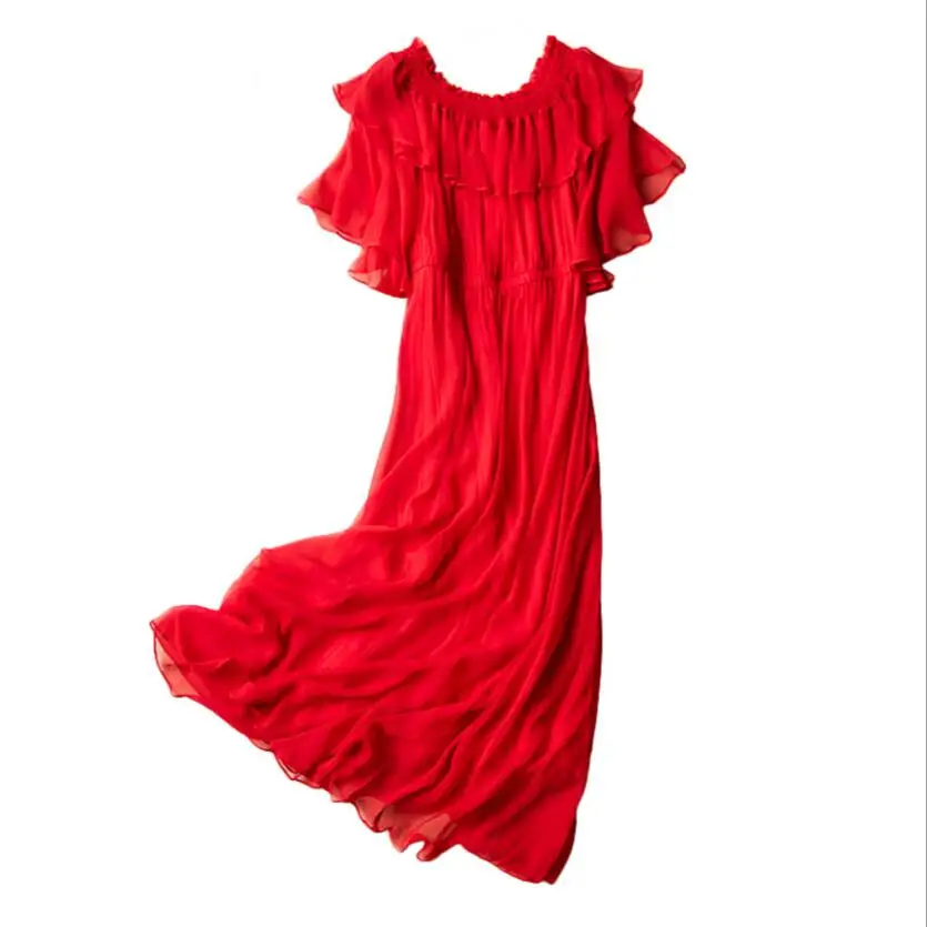 Silk Dress Women Summer Butterfly Sleeve Red Beach dress Shell 100% silk Long dress Holiday High Quality Clothing Free Shipping