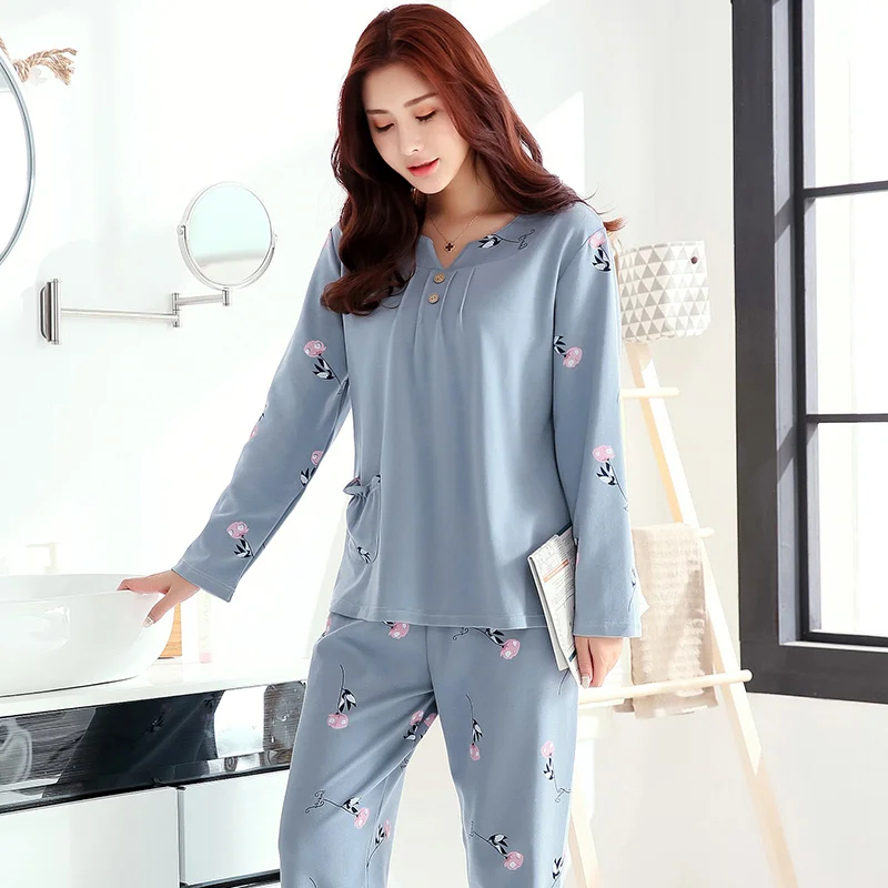 Conjunto de pijama de manga larga con cuello en V para mujer, ropa de dormir con estampado floral, Camisón de algodón, M-4XL de yardas grandes, otoño