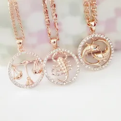 585 Rose Gold Color Women Men Round Cubic Zircon 12 Zodiac Pendants Constellation Jewelry