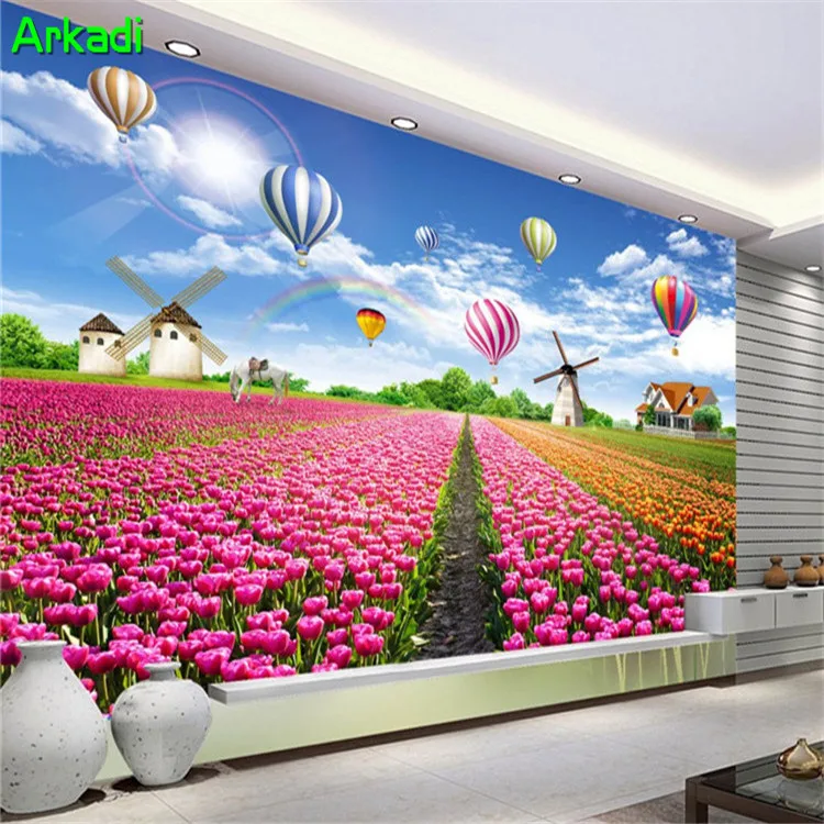 

Colourful purple romantic tulip flower sea idyllic scenery 3D mural living room 3d bedroom TV background wallpaper