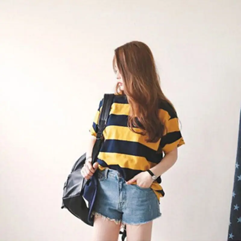 Women Yellow Black Stripes Short-sleeved T-shirt Girls O-Neck Casual Tops Summer Autumn Classic Shirts