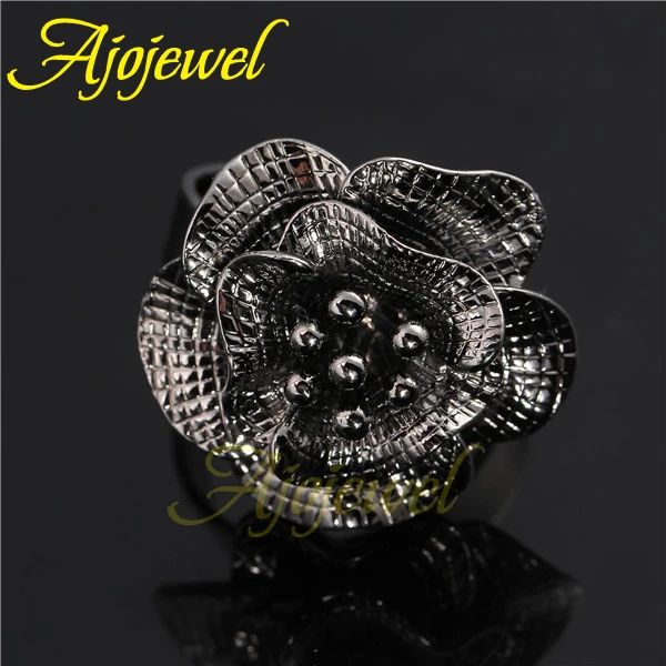 Ajojewel Gun Black Large Flower Women Ring Adjustable Finger Jewelry Wholesale Vintage Ladies Rings Retro Gift