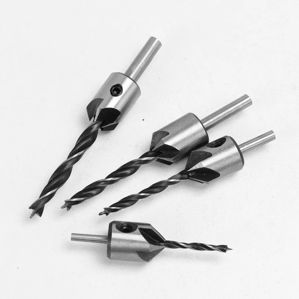 4pcs  3mm-6mm Wood Countersink Drill Set HCS 5 Flute Drill Bit Carpentry Reamer Woodworking Chamfer End Milling Wood Tool