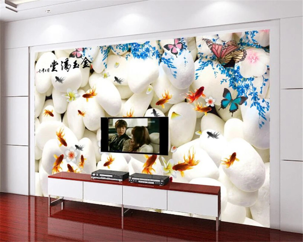 Modern home background decoration wallpaper for walls 3 d  white pebble goldfish butterfly photo wallpaper mural Beibehang