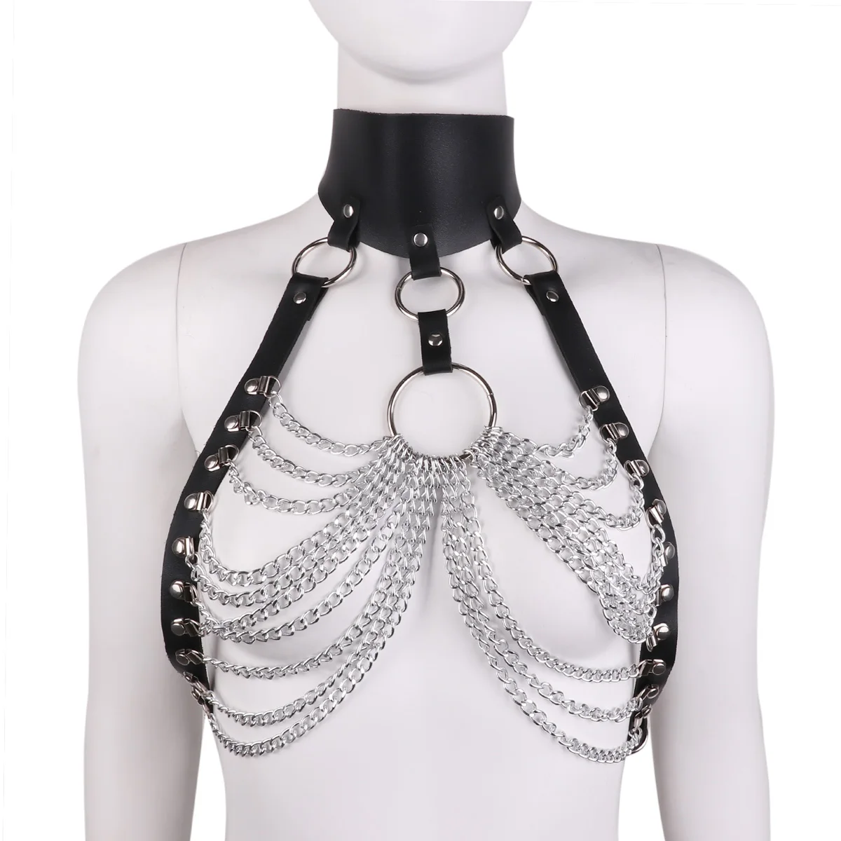 

Women Punk Faux Leather Cupless Hollow Out Lingerie Adjustable Bondage Bust Harness Belt with Chain Tassels Roleplay Costume