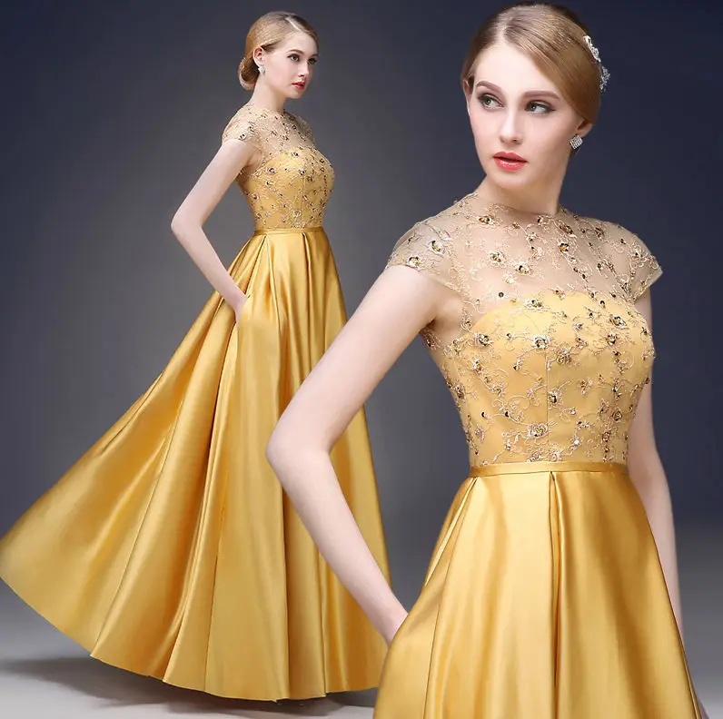 

2015 new Golden brocade long skirt Short sleeved lace embroidery fashion evening dress