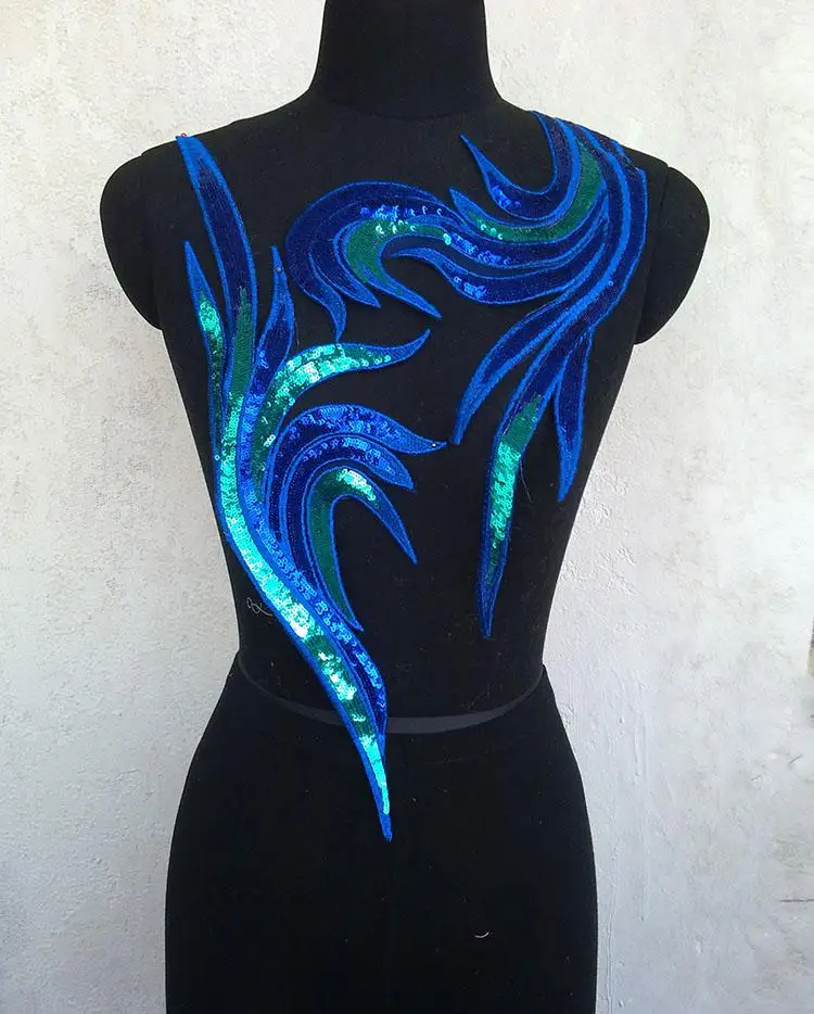 15*50-20*55cm Large Golden & Blue Paillette Sequin Embroidery Phoenix Peacock Feather Sew-on Patch Applique For Clothes DIY