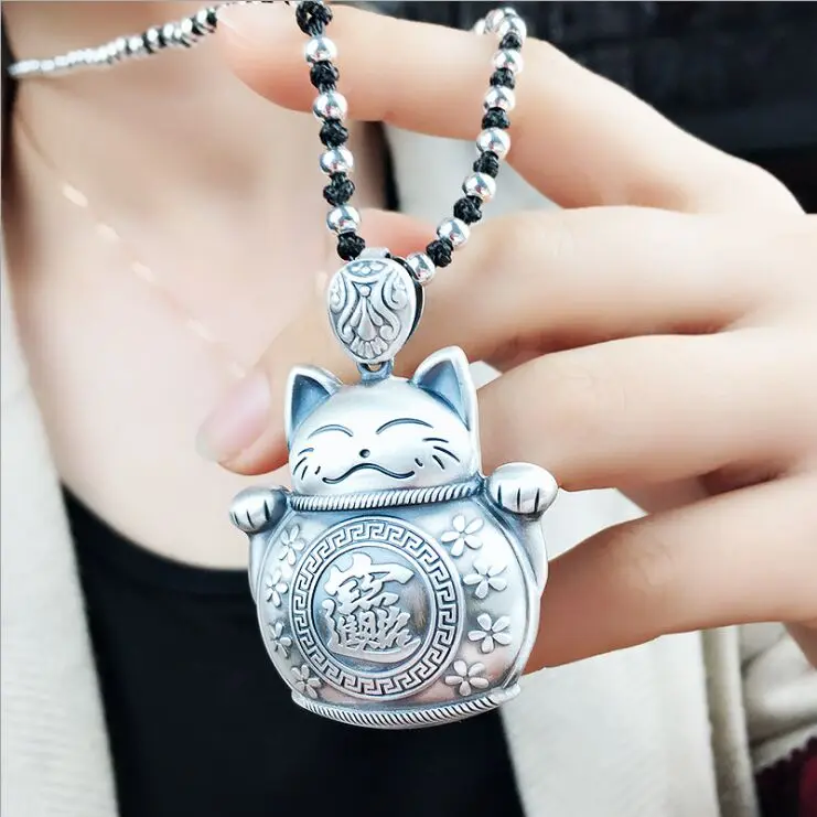 100% true 999 pure silver vintage sterling silver pendant couple fashion sweater chain big fish lucky cat necklace