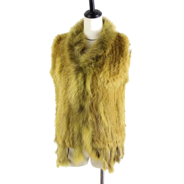 Women Genuine Natural Real rabbit fur Knitted Vests /Waistcoat/ gilet /coats with tassels Raccoon Fur collar