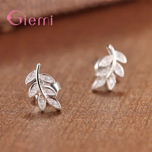 Simple Elegance Leaves Shaped Stud Earrings Paved Shiny Crystals Real 925 Sterling Silver Color Women Girls Brincos Bijoux