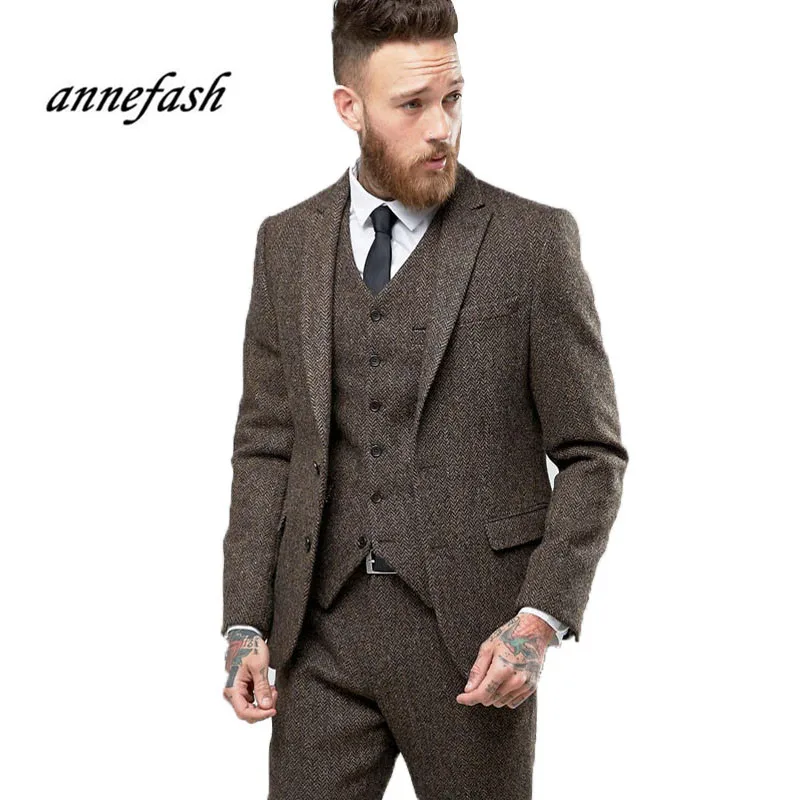 

Custom Made Men Formal brown herringbone tweed suit Wedding Tuxedo Gentle Modern woolen Blazer 3 Piece Men Suits