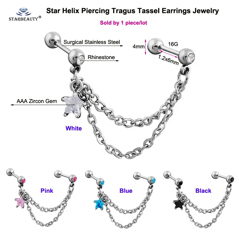 6mm Bright Bijoux Star Tragus Piercing Helix Piercing Cartilage Earrings Stainless Steel Tassel Earrings Nose Ring Ear Jewelry