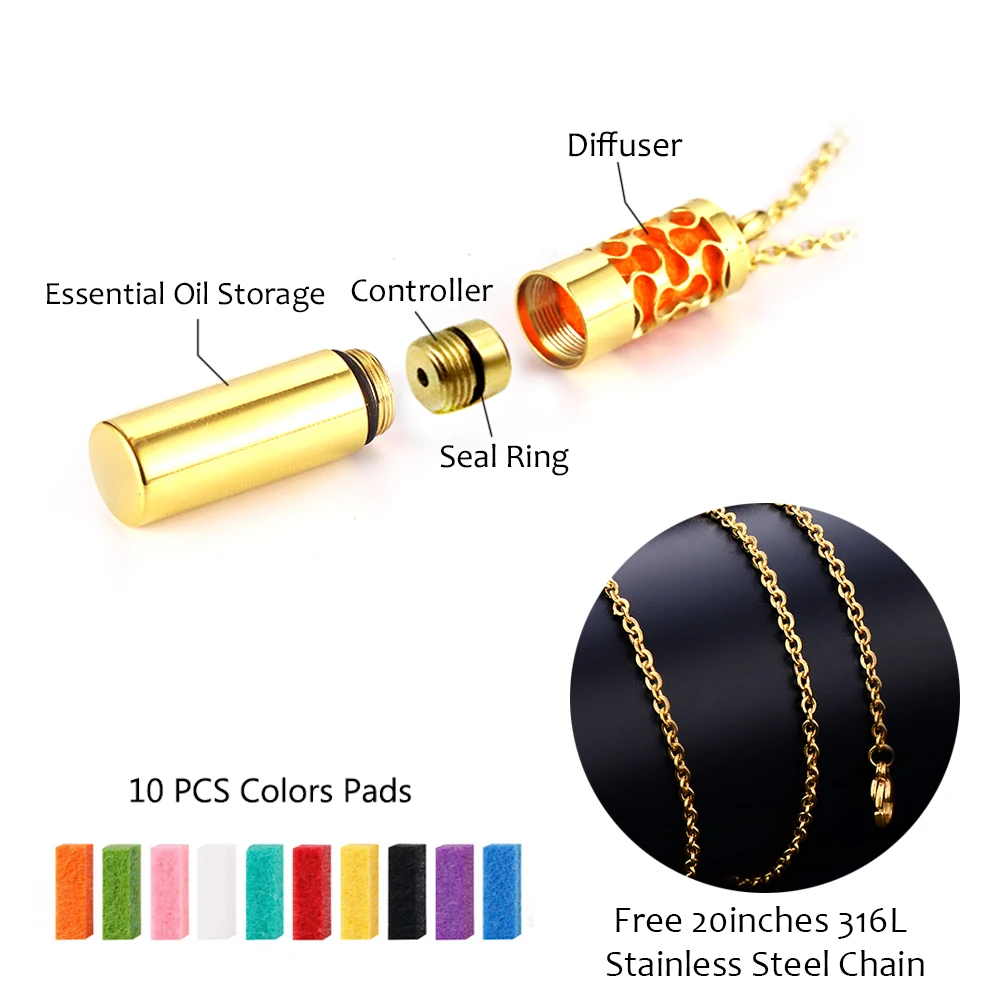 Essential Oil Container Gold Color 316L Stainless Steel Pendant Perfume Bottle Aromatherapy Diffuser Necklace Locket Women