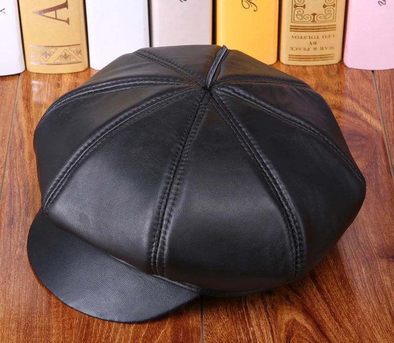 Men's Leather Hat Male Autumn Winter Warm Hat Adult Sheepskin Leather Hat students Outdoor Leisure Leather Octagonal Cap B-7272