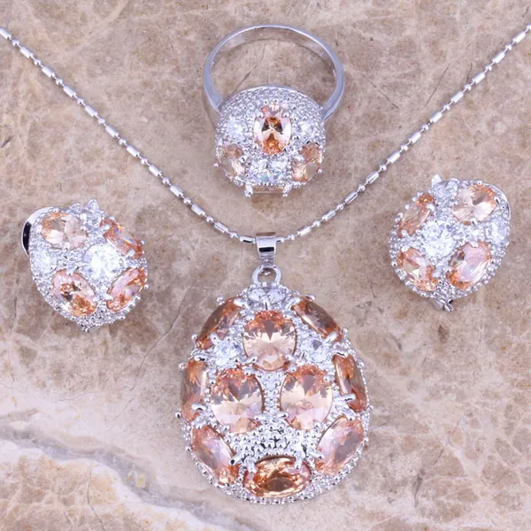 Eye-Catching Morganite White CZ Silver Plated Jewelry Sets Earrings Pendant Ring Size 4 / 5 / 6 / 7 / 8 / 9 / 10 / 11 / 12 S0242