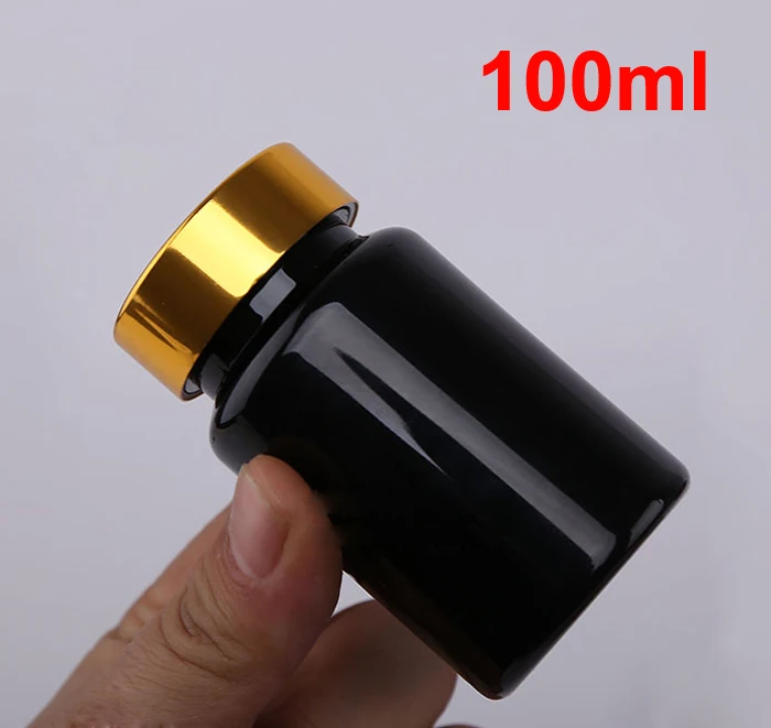 (100pcs/lot) 100ml/100cc Thick Black PET Pill Bottles Screw Metal Gold Cap,Capsules Bottles, Pharmaceutical Grade Plastic Bottle