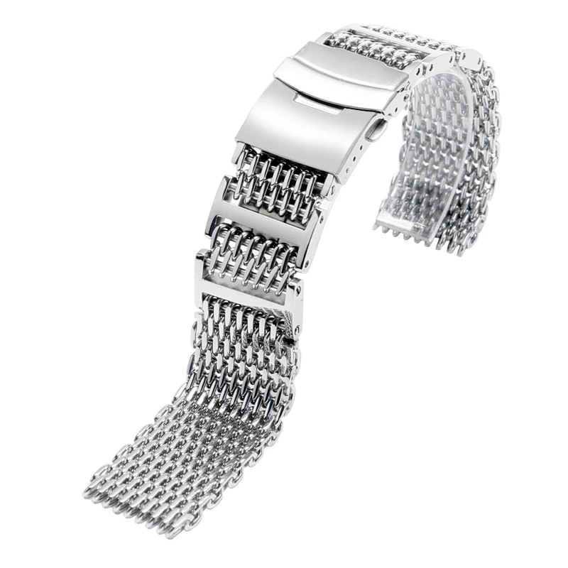 20/22/24mm HQ Shark Mesh Silver Stainless Steel Watchband Replacement Bracelet Men Folding Clasp with Safety Watch Band Strap