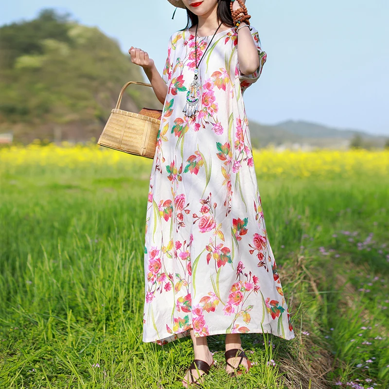 LZJN-Robe chemise maxi florale à manches courtes pour femmes, robe de plage d'été pour femmes, longue tunique Mori Girl, grande taille, 2025