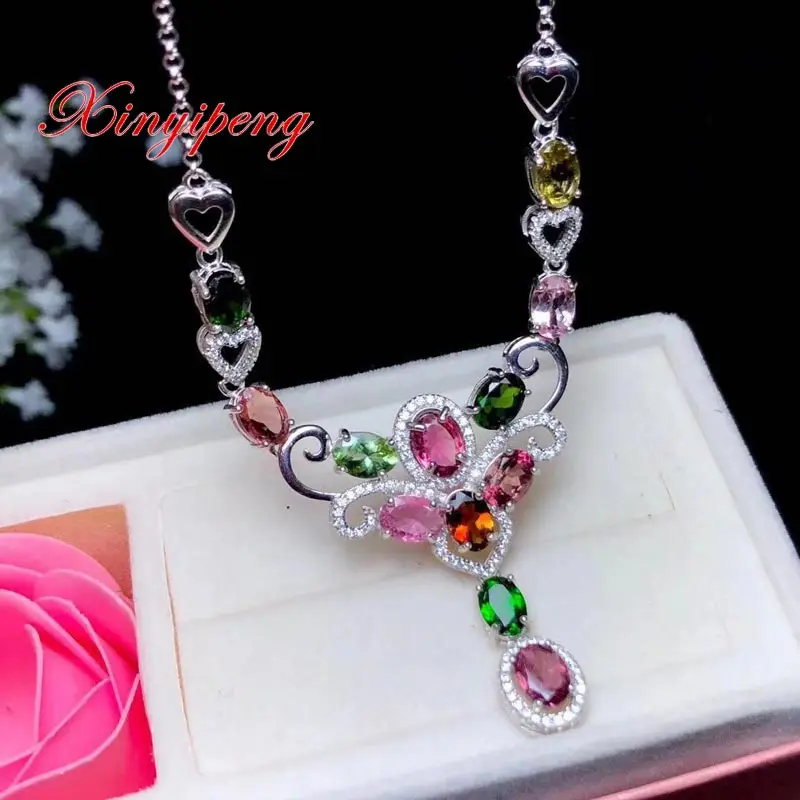 

Xin yi peng 925 silver plated white gold inlaid natural tourmaline necklace Women necklace fine