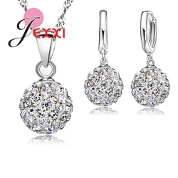 New 10 Color  Jewelry Sets 925 Sterling Silver Austrian Crystal Pave Disco Ball Lever Back Earring Pendant Necklace Woman