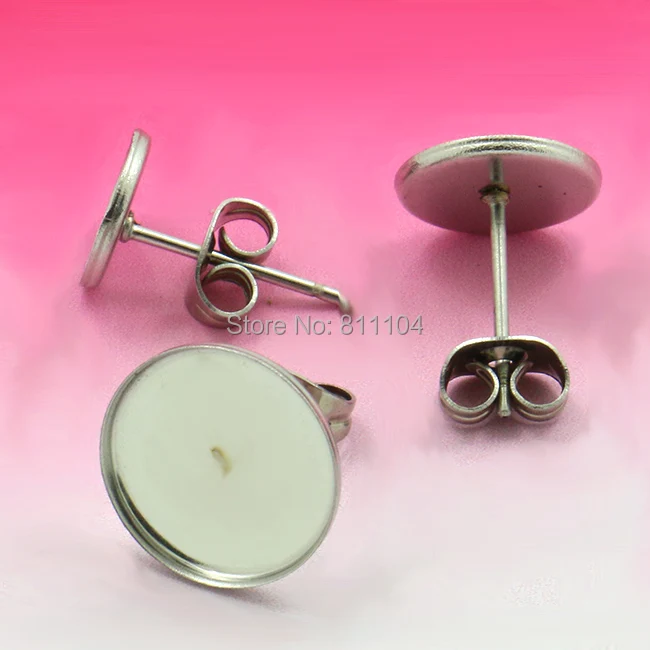 Blank Stainless Steel stud Earrings Bases with 10mm 12mm Round Bezel Cabochon Settings Earrings post with Stopper Back Findings