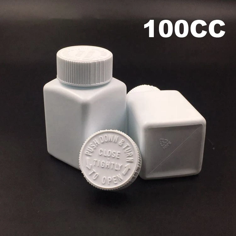 100pcs 100CC Square Thick White Color HDPE Child-proof Medicine Bottles, Capsules/Pills/Powder/Vitamin Plastic Bottles