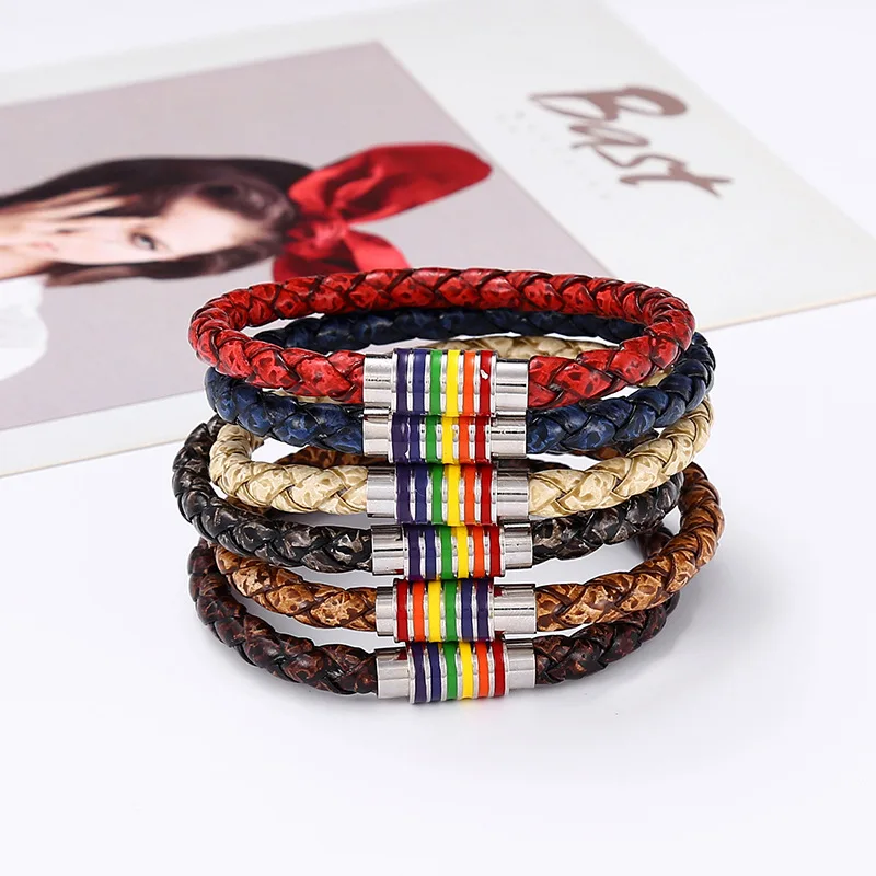 New Braided Leather Bangles Bracelets Stainless Steel Gay Pride Rainbow Magnetic Bracelet Men Women Charms Bracelet Dropshipping