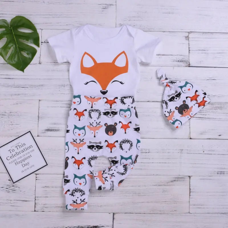 Newborn Kids Fashion Fox Print Sunsuit Set Cotton Baby Girl Boy Infant 3Pcs Summer Clothes Romper Top Pants Hats Outfit Set