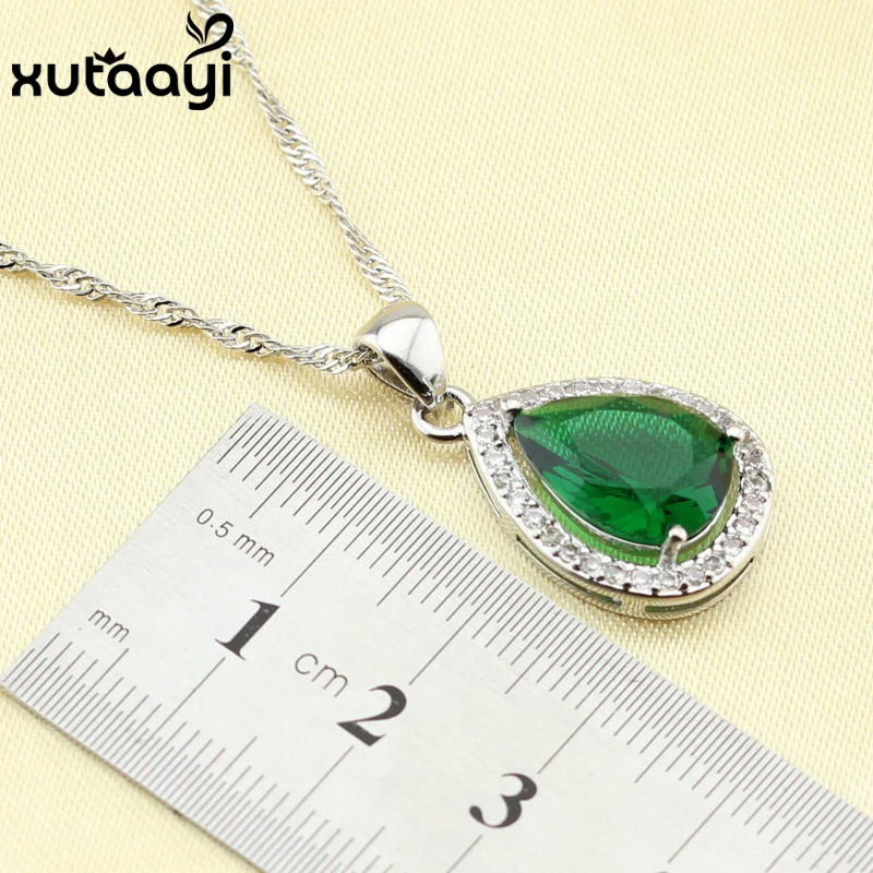 925 Silver Water Drop Wedding Jewelry Set For Women Green Stones White crystal Bracelet Earrings Necklace Pendant Rings