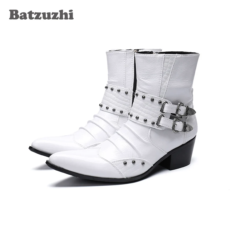 

Western Cowboy Men Boots 6.5cm Heels White Genuine Leather Punk Style Iron Pointed Toe Motorcycle High Top Botas Hombre