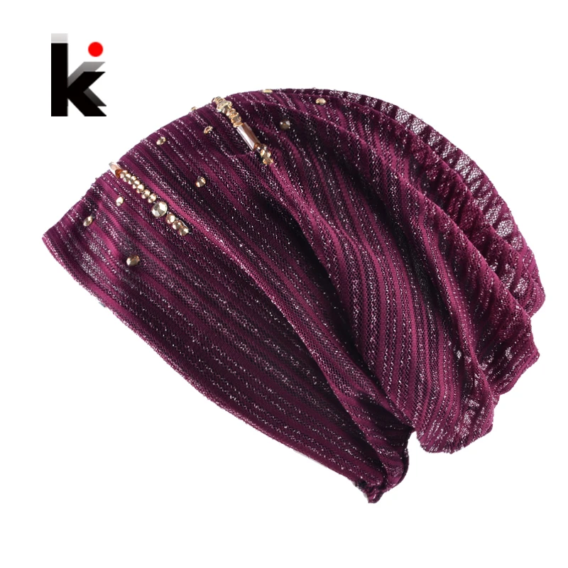 Fashion Lace Striped Rhinestones Beanie Hats For Women Casual Diamond Turban Bonnet Caps Female Thin Skullies E Gorros Mulheres