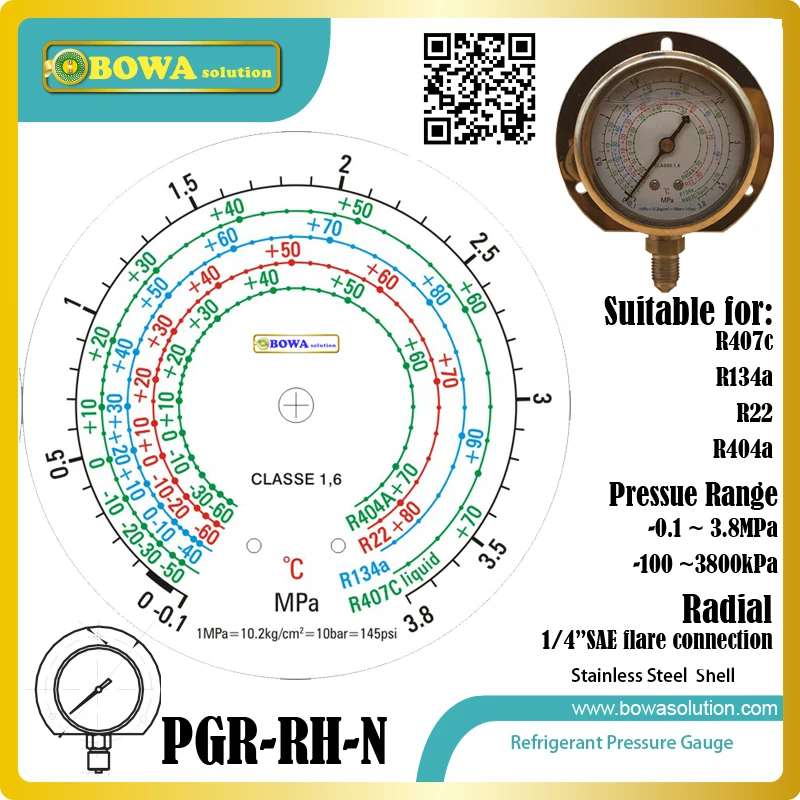 Radial 3.8MPa stainless steel coolant presure gauges are installed into discharge line to monitor pressure & temperature changes