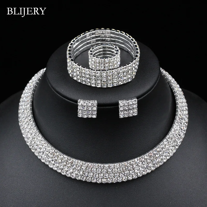 BLIJERY Crystal Bridal Jewelry Sets Silver Color Rhinestone Necklace Earrings Bracelet Ring Wedding Jewelry Sets for Women