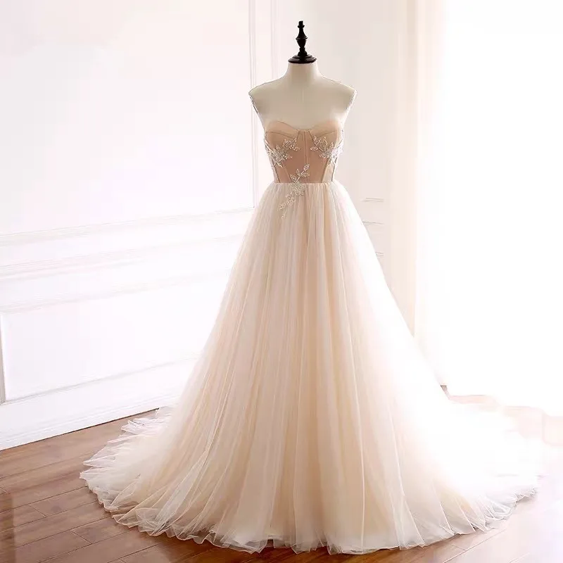 A-line Strapless Tulle Lace Appliques Elegant Simple Wedding Dresses Real Picture Vestido De Noiva Custom Made RP34