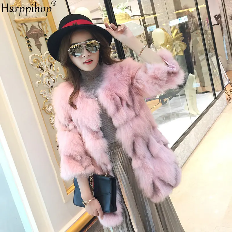 Real natural genuine fox fur coat women fashion three quarter sleeve jacket ladies overcoat