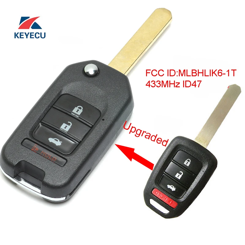 

KEYECU Replacement Upgraded Flip Remote Car Key Fob 3+1 Button 433MHz ID47 for Honda Fit Civic XRV 2015