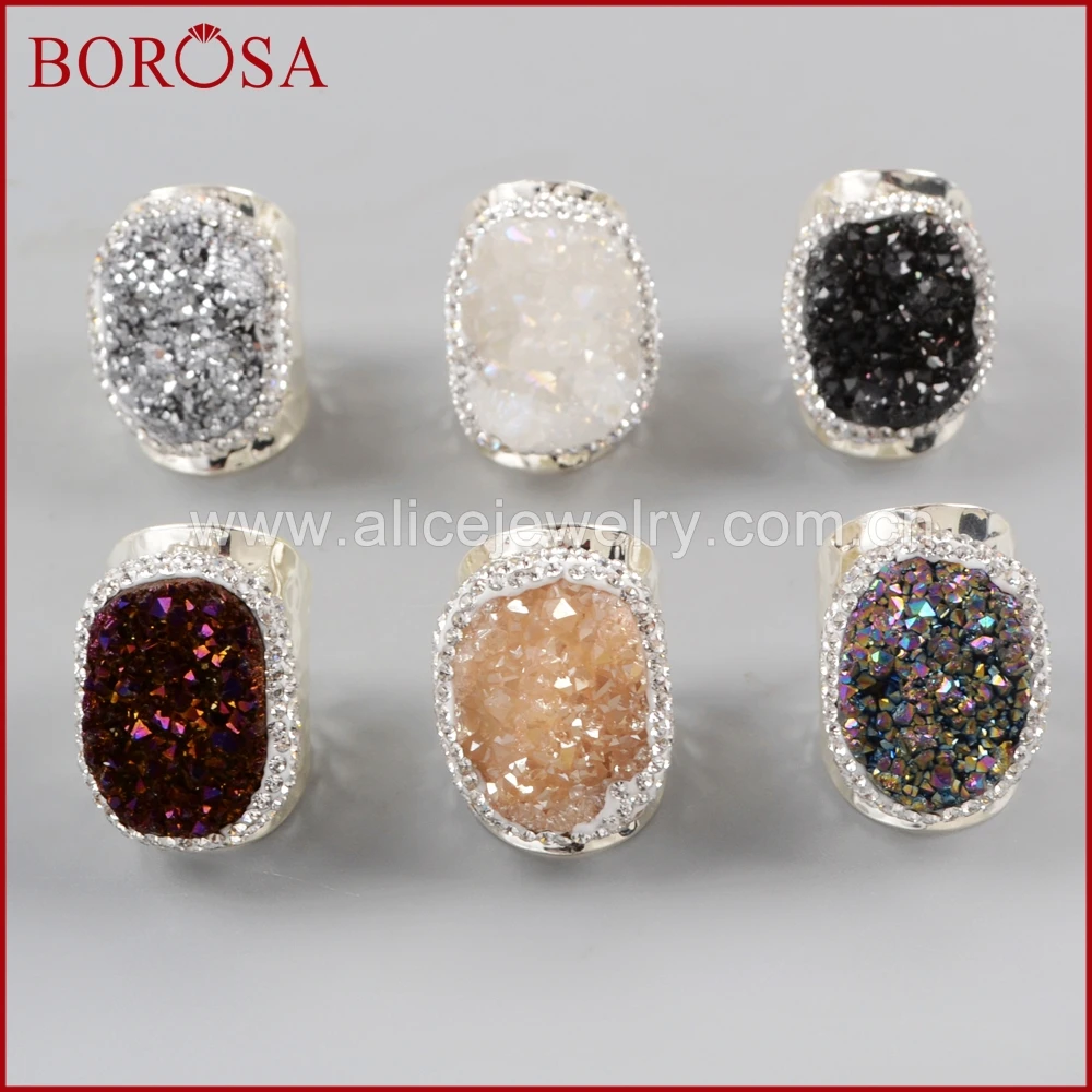 BOROSA 5/10PCS Trendy Electroplated Rainbow Drusy Band Rings Rhinestone Pave Titanium Druzy Silver Color Ring Jewelry JAB939